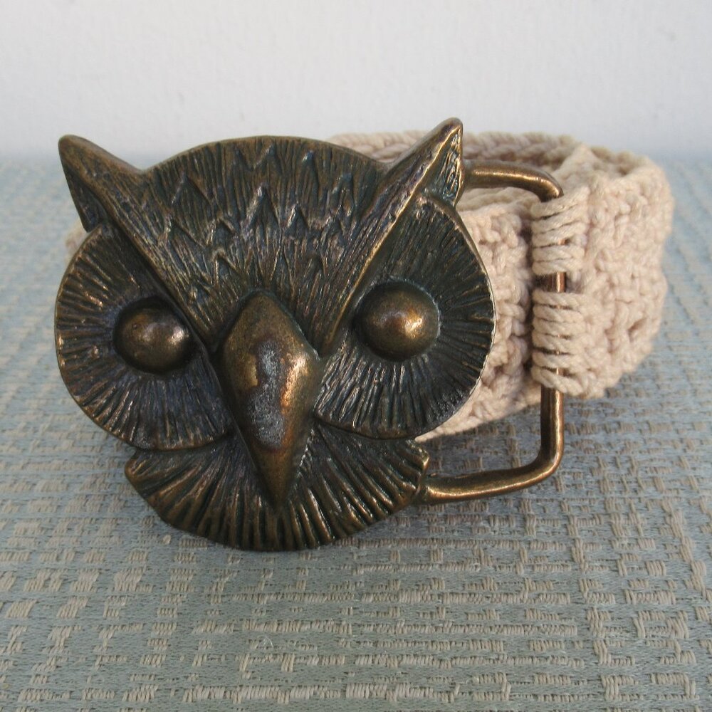 Boho Southwestern Crochet Belt w/ Owl Face Buckle Size Medium, Natural Color
